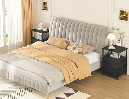 EnHomee 17.8" W Nightstand, End Table with Fabric Drawers and Open Wood Shelf Storage,Safety Netting on 2 Sides of Night Stand,Bedside Table with Metal Frame for Bedroom,Closet, Dorm,Black and Gray - color: Black and Gray