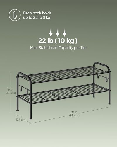 SONGMICS Shoe Rack, 2-Tier Shoe Organizer, Metal Shoe Shelf Storage with 4 Side Hooks, Holds 12 Pairs of Shoes, Height-Adjustable Shoe Rack for Entryway, Hallway, Closet, Ink Black ULMR128B01 - size: 2 Tiers (33.5"W)