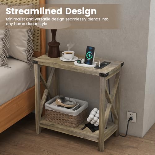 Hadulcet Farmhouse End Tables Living Room Set of 2 - Narrow Side Table with Charging Station, Slim Nightstand for Small Space, Skinny Bedside Table, Sofa Side Table with Storage Shelf, Elegant Gray - color: Elegant Gray
