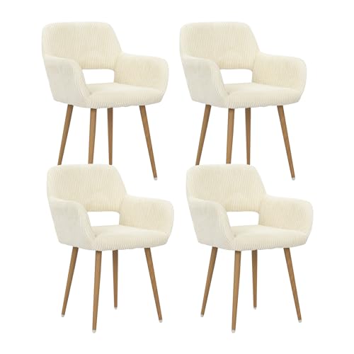 KCC Small Modern Dining Room Arm Chairs for Kitchen Set of 4,Beige | Mid-Century Upholstered Corduroy Fabric Side Seat Club Guest with Metal Tube Legs - color: Beige+corduroy Fabric, size: Set of 4