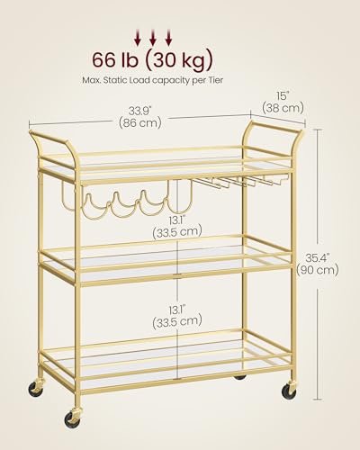 VASAGLE Bar Cart Gold, Large Home Bar Serving Cart with 3-Tier Mirrored Shelf, Wine Holders, Glass Holders, Kitchen, 15 x 33.9 x 35.4 Inches, Gold ULRC083A02 - color: Gold, size: 15"D x 33.9"W x 35.4"H