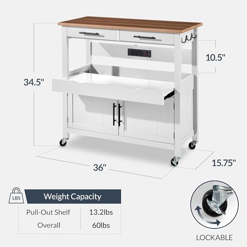 Best Choice Products 36in Large Rolling Kitchen Island Cart, 2-Door Cabinet, 2 Drawers, Pull-Out Shelf, Power Outlet, Hooks, & Swivel Lockable Wheels - White - style: White