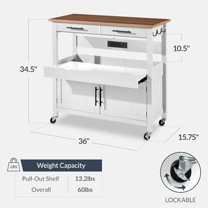 Best Choice Products 36in Large Rolling Kitchen Island Cart, 2-Door Cabinet, 2 Drawers, Pull-Out Shelf, Power Outlet, Hooks, & Swivel Lockable Wheels - White - style: White