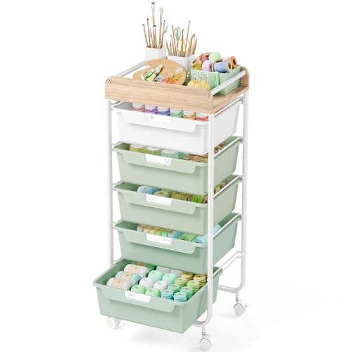 SYKIARIOL Rolling Storage Utility Cart with 5 Drawers,Craft Cart with Wheels,Makeup Organizer,Art Supply and Storage Wooden Tabletop,Green - color: Green, size: 5-Drawers