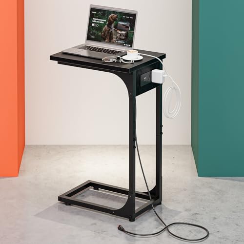 C-Shaped Side Table for Couch - Small Coffee Stand Sofa Tray Desk with Metal Frame Waterproof Scratch Resistant Wood Top and Built-in Charging Station, Black - color: Black, size: 1-Pack, style: Includes Power Outlets