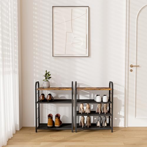 Small Shoe Rack for Entryway Closet, 4-Tier Narrow Shoe Shelf | Slim Vertical Shoe Storage Organizer with Guardrails, Metal Mesh Shelves, Wooden Top, Free Standing, for Front Door Entrance - size: 17.32" X 10.24" X 23.03"