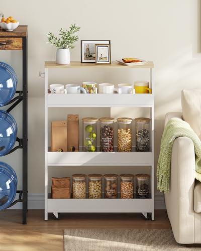 CHOEZON Slim Storage Cart with Wheels, 5.5" Narrow 4-Tier Rolling Cart, Multi-Purpose Utility Cart for Kitchen, Bathroom, Laundry Room, Living Room, White and Natural MTC02WN