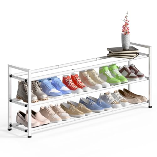 Bumusty 3-Tier Long Expandable Shoe Rack for Closet, 18"-44" Adjustable Shoe Rack for Entryway, 15-18 Pairs Large Shoe Organizer Shelf Storage, Sturdy Metal, White - color: White, size: 3-tier