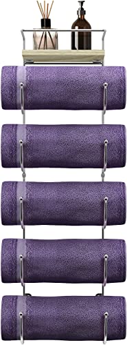 Sorbus Bathroom Towel Holder - 5 Tier Metal Towel Rack with Wood Shelf for Rolled Bath Towels, Washcloths, Linens, Hand Towels, Soaps & Accessories - Wall Mounted Towel Rack for Bathroom Towel Storage - color: Silver, size: 5 Tier with Shelf