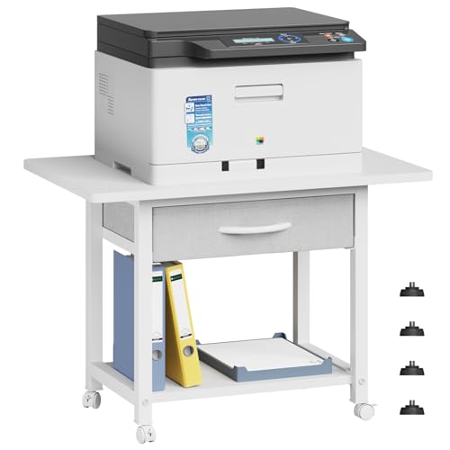 YAOHUOO 22"x15" Large Printer Stand with Drawer, 2-Tier Rolling Table Cart | Under Desk Printer Table,Storage Fabric Drawer,Fit printer/fax/3d/scanner,4 Lock Wheels or Feet,For Home Office Dorms,White - color: White, size: 2-Tier