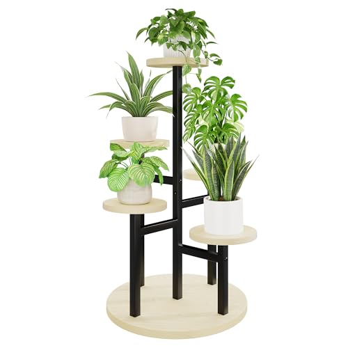 5 Tiers Black Plant Stand Indoor Tall Metal Wood Plant Shelf Outdoor Plant Stands Indoor Plant Table Rack Tiered Plant Stand Garden for Living Room Balcony Patio - RoundLight - color: BlackRoundLight, size: 5-tiers