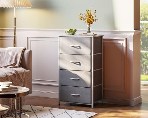 AODK Small Dresser for Bedroom with 4 Storage Drawers, Light Grey | Dressers Chest of Drawers Fabric Dresser with Sturdy Steel Frame, Dressers for Closet with Wood Top - color: Light Grey