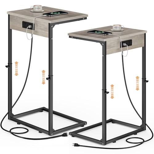 C Shaped End Tables Set of 2 with Charging Station, 33.2'' Tall C Table Adjustable Height Side Table, Small Side Table for Small Spaces, Couch Sofa Table TV Tray for Living Room, Greige - color: Greige (2 Pack), style: With Plug