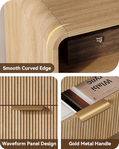 24" Fluted Nightstand with Charging Station, Bedside Table with Metal Handles, Night Stand with 2 Drawers and Open Shelf, End Table for Bedroom, Curved Profile, Natural Oak - color: Natural Oak-2 Drawers, size: 2 Drawers