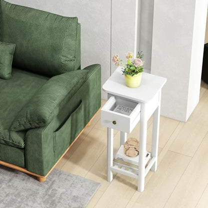 Tangkula 2-Tier Narrow Side Table with Drawer, Acacia Wood Tall End Table for Small Spaces, Farmhouse Slim Bedside Table with Open Shelf, Nightstand for Living Room, Bedroom, No Assembly (2, White) - color: White