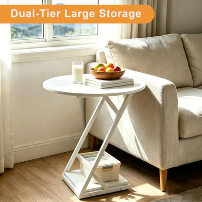 20In Round Side Table, 2-Tier White End Table with Z-Shaped Metal Frame, Small Round Accent Table with Storage Shelf, Modern Sofa Side Table Nightstand for Living Room, Bedroom, Small Spaces - color: White-z