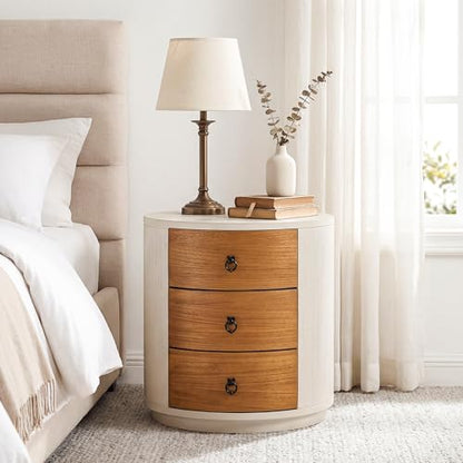 COSIEST 3 Drawer Chest of Drawers, 20 inch MDF Round Storage Cabinet, Retro Whitewash Finish Nightstand, Wood Bedside Table with Drawers for Bedroom Living Room - color: Wood Color-round