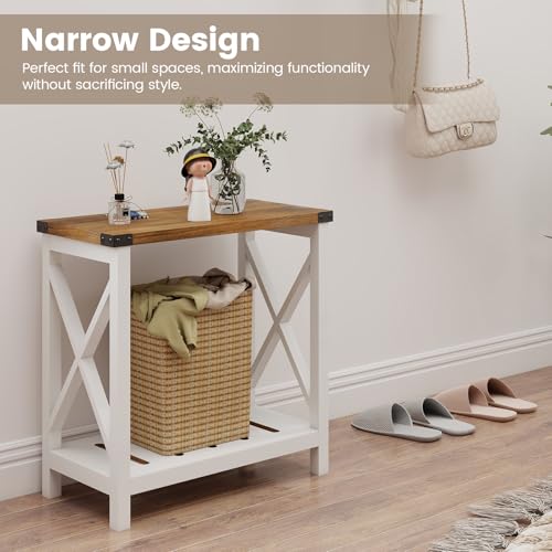 Hadulcet Farmhouse End Tables Living Room Set of 2, Narrow Side Table with Charging Station, Slim Nightstand for Small Space, Skinny Bedside Table, Sofa Side Table with Storage Shelf, White & Brown - color: White & Warm Brown
