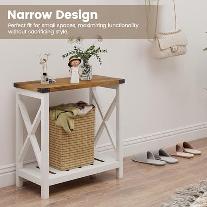 Hadulcet Farmhouse End Tables Living Room Set of 2, Narrow Side Table with Charging Station, Slim Nightstand for Small Space, Skinny Bedside Table, Sofa Side Table with Storage Shelf, White & Brown - color: White & Warm Brown