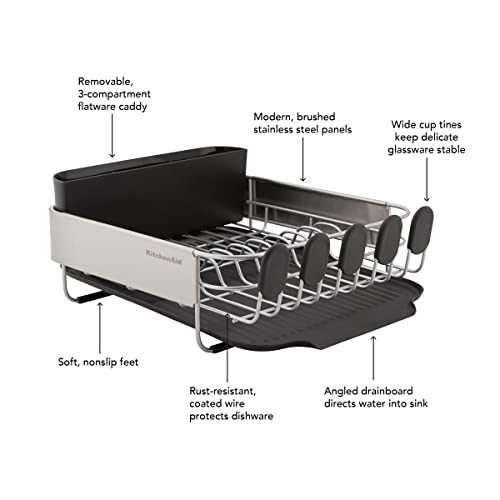 KitchenAid Compact, Space Saving Rust Resistant Dish Rack with Removable Flatware Caddy and Angled Self Draining Drainboard, 16.06-Inch, Black - color: Black, size: Compact