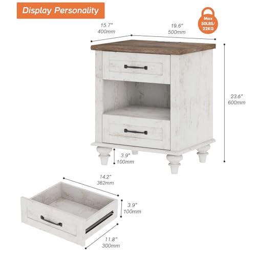 WAMPAT Side Table Nightstand with Charging Station & 2 Drawers, Farmhouse End Table for Living Room, Retro Night Stand Light Wood Bedside Table for Bedroom, Antique White - color: Antique White