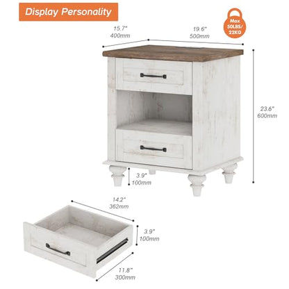WAMPAT Side Table Nightstand with Charging Station & 2 Drawers, Farmhouse End Table for Living Room, Retro Night Stand Light Wood Bedside Table for Bedroom, Antique White - color: Antique White