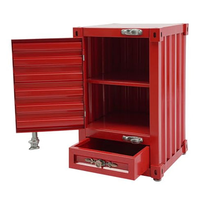 12.6 X 12.6 X 19.7 in Industrial Side Table, Metal Iron 3-Tier Bedside Table with 2 Compartments & 1 Storage Drawer, Retro Metal Shipping Container Cabinet for Bar/Bedroom/Garage (Red) - color: Red
