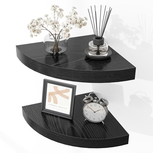 Fun Memories Floating Corner Shelves Set of 2 - Rustic Wood Wall Mounted Storage and Display Shelves for Living Room, Bedroom, Kitchen, Bathroom - Space Saving Home Decor, Black - color: Black - Set of 2