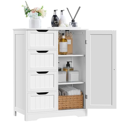 Yaheetech Bathroom Storage Cabinet with 4 Beadboard Drawers and Door, White | Floor Cabinet Hides Towels and Toiletries in Small Baths, Halls or Living Rooms, Adjustable Shelf, MDF, 26 x 14 x 35.5 in - color: White, size: 26 x 14 x 35.5 In (LxWxH)