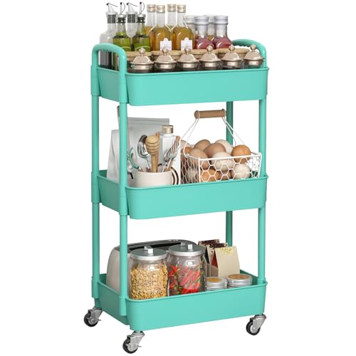 Sywhitta 3-Tier Plastic Rolling Utility Cart with Handle, Multi-Functional Storage Trolley for Office, Living Room, Kitchen, Movable Storage Organizer with Wheels, Green | Multi-Functional Storage Trolley, for Office, Living Room, Kitchen, Bathroom,Movabl