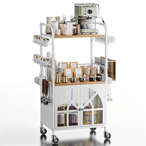 Xubialo 3 Tier Small Rolling Coffee Bar Cart, 16.9 x12 Kitchen Stand Station with Storage, Coffee Station Table on Wheels, 4 K Cup Pod Holder, 8 Hooks for Home, Office