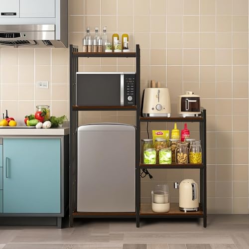Mini Fridge Stand with Storage,6-Tier Adjustable Bakers Rack with Power Outlet, Mini Fridge Cabinet Shelf, Utility Microwave Stand for Kitchen Living Room Office Dorm