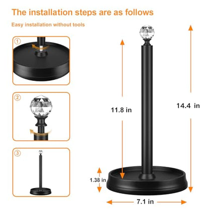 KASUNTO Crystal Head Paper Towel Holder - Steel Countertop Stand for Kitchen, Bars & Dining Tables - Fits Standard & Jumbo Rolls - Matte Black - color: Matte Black