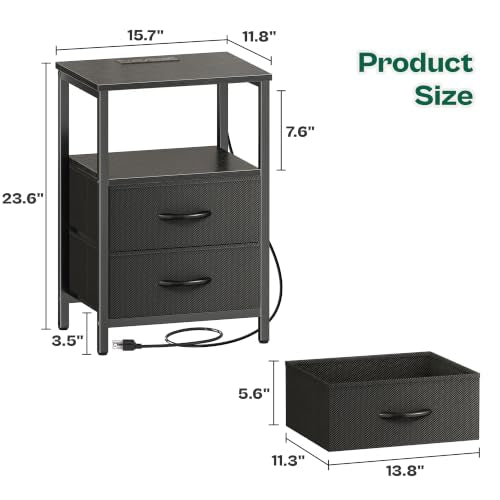 Huuger Night Stand with Charger Station and LED Lights, 2 Drawer Nightstand, Bed Side Table with Open Shelf, End Table, Fabric Drawers for Bedroom, Black - color: Black, size: 11.8"D x 15.7"W x 23.6"H（2 Drawers）