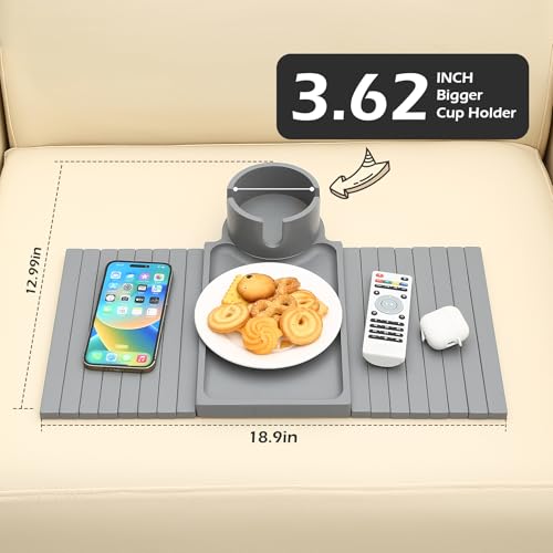 GHKINMAL Couch Cup Holder Tray, Large Couch Arm Table with 360° Ratated Phone Holder, 3 in 1 Bamboo Sofa Armrest Tray with Anti-Slip Couch Organizer for Remote,Cellphone,Snacks - color: Gray