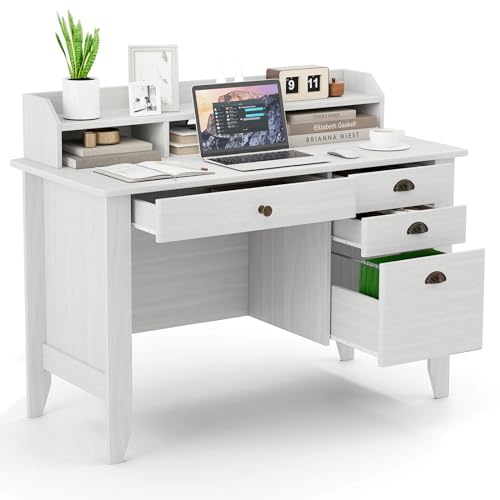 48" Computer Desk with 4 Storage Drawers and Hutch Wood Executive Table for PC Laptop