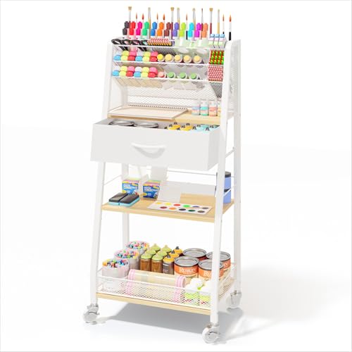 3 Tier Rolling Cart - Metal Utility Cart with Storage Drawer and Wheels, Versatile Art & Craft Organizer for Home, Office, or Studio - Ideal for Storing Brushes, Paints, and Supplies（Maple） - color: Maple