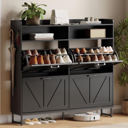 Xixini Shoe Storage Cabinet with 4 Flip Drawers, Entryway Shoe Rack, Black | Narrow Slim Shoe Storage, Freestanding Hidden Wood Shoe Organizer, Modern Farmhouse, Open Storage & Hooks for Closet, Hallway - color: Black, size: 4 Flip Drawers