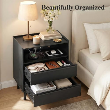 26 Inch Tall Black Oak Nightstand with Charging Station, 2 Drawers | 24 inch wide, 16 inch deep design with raised-edge tray top, open shelf, hidden storage, and a streamlined look - color: Black Oak