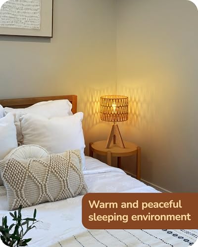 EDISHINE Small Table Lamp, Rattan Wood Tripod Bedside Lamp, Boho Nightstand Lamp for Living Room, End Table, Office, E26 Base, Natural Style - color: Rosewood Color&W-pattern Shade