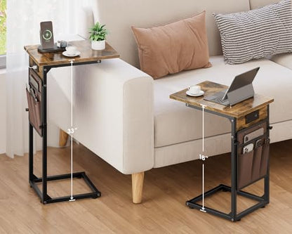 C Shaped End Table with Charging Station, Adjustable Height Side Table for Couch, Small Sofa Table with Storage Bag, Slide Under Sofa TV Tray Snack Arm Tables for Living Room, Bedroom, Brown - color: Rustic Brown, style: With Plug