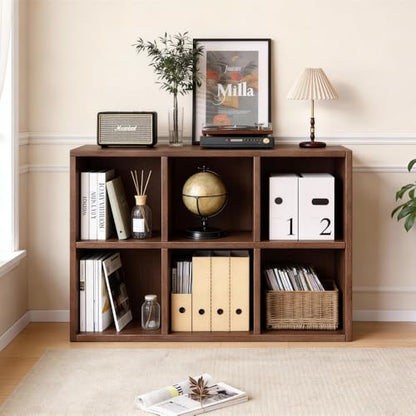 Solid Wood 6-Shelf Bookcase Walnut Bookshelf | Genuine Rubberwood 6-Shelf Bookcase, Walnut Finish, Stackable, 35.4"W x 23.6"H, for Living Room & Office