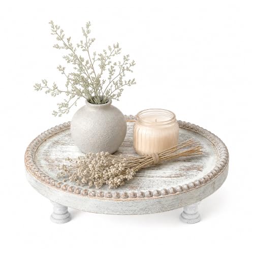 EOSAHR Pine Wood Round Display Riser with Bead for Room Decor, Deep Natural | Decorative Tray for kitchen counter decor, Pedestal Tray for Perfume Organizer, Wood Riser Boho Decor New Home Essential - color: Dark-Natural