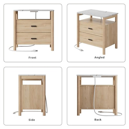 Night Stand, 23" Wide Nightstand, Modern Large Nightstand with Charging Station & Faux Marble Top, 2 Drawer End Table with Solid Round Post Legs, Bedside Table for Bedroom, Natural Oak - color: Natural Oak + Faux Marble Top, size: 24''W x 15.7'D x 24''H (