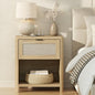 Boho Nightstand with Charging Station, Large Bedside Table with Drawer & Open Storage Shelf, Mid-Century Modern End Table Rattan-Look Drawer, Accent Side Table with Rounded Corners for Bedroom - size: 23.6"D x 22"W x 15.74"H(1-Drawer)