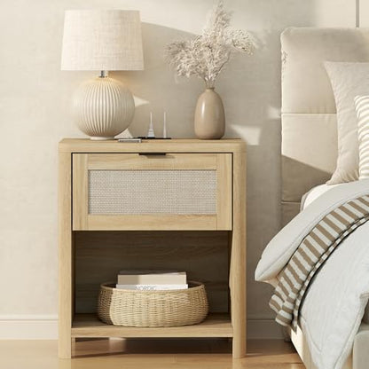 Boho Nightstand with Charging Station, Large Bedside Table with Drawer & Open Storage Shelf, Mid-Century Modern End Table Rattan-Look Drawer, Accent Side Table with Rounded Corners for Bedroom - size: 23.6"D x 22"W x 15.74"H(1-Drawer)