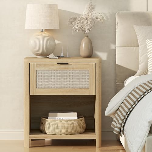 Boho Nightstand with Charging Station, Large Bedside Table with Drawer & Open Storage Shelf, Mid-Century Modern End Table Rattan-Look Drawer, Accent Side Table with Rounded Corners for Bedroom - size: 23.6"D x 22"W x 15.74"H(1-Drawer)