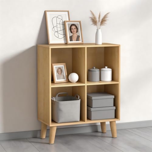 4 Wooden Cube Storage Organizer with Legs,Two Tier Cube Bookcase Freestanding Storage Organizer Open Shelf Short Bookshelf for Bedroom, Living Room, Home Office (4 Cube,Oak) - color: Oak, size: 4 Cube