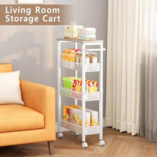 Utility Slim Rolling Storage Cart, 4-Tier Narrow Metal Organizer with Wood Top, 7.1" Width Utility Cart for Kitchen, Bathroom, Laundry Room, Small Spaces, White
