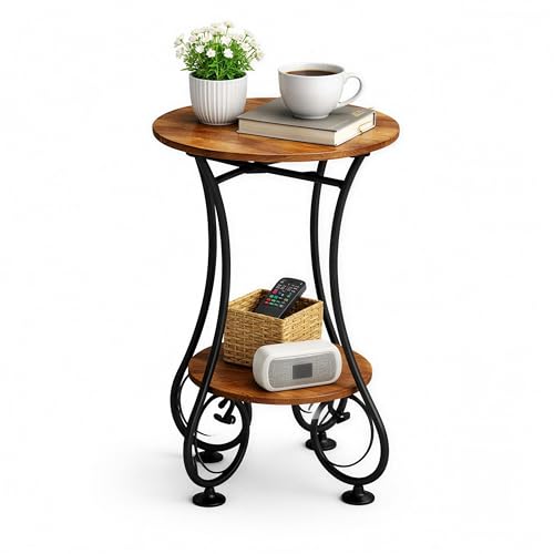 X-cosrack Small Round Side Table with Lower Shelf for Small Spaces, Compact End Table for Sofa, Bedside Nightstand, Coffee & Drink Table for Living Room, Bedroom, Balcony - color: Rustic Spliced Wood, size: 15.75 inches x 15.75 inches x 23.23 inches